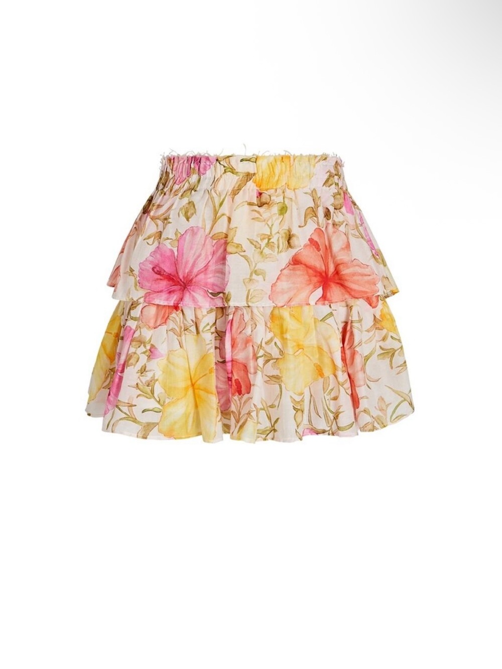 LoveShackFancy Floral Tiered Mini Skirt in Pink, Yellow, Orange